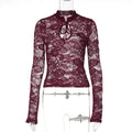 Floral Lace Sheer Mock Neck Top - Wine Red [9PXV96AN]