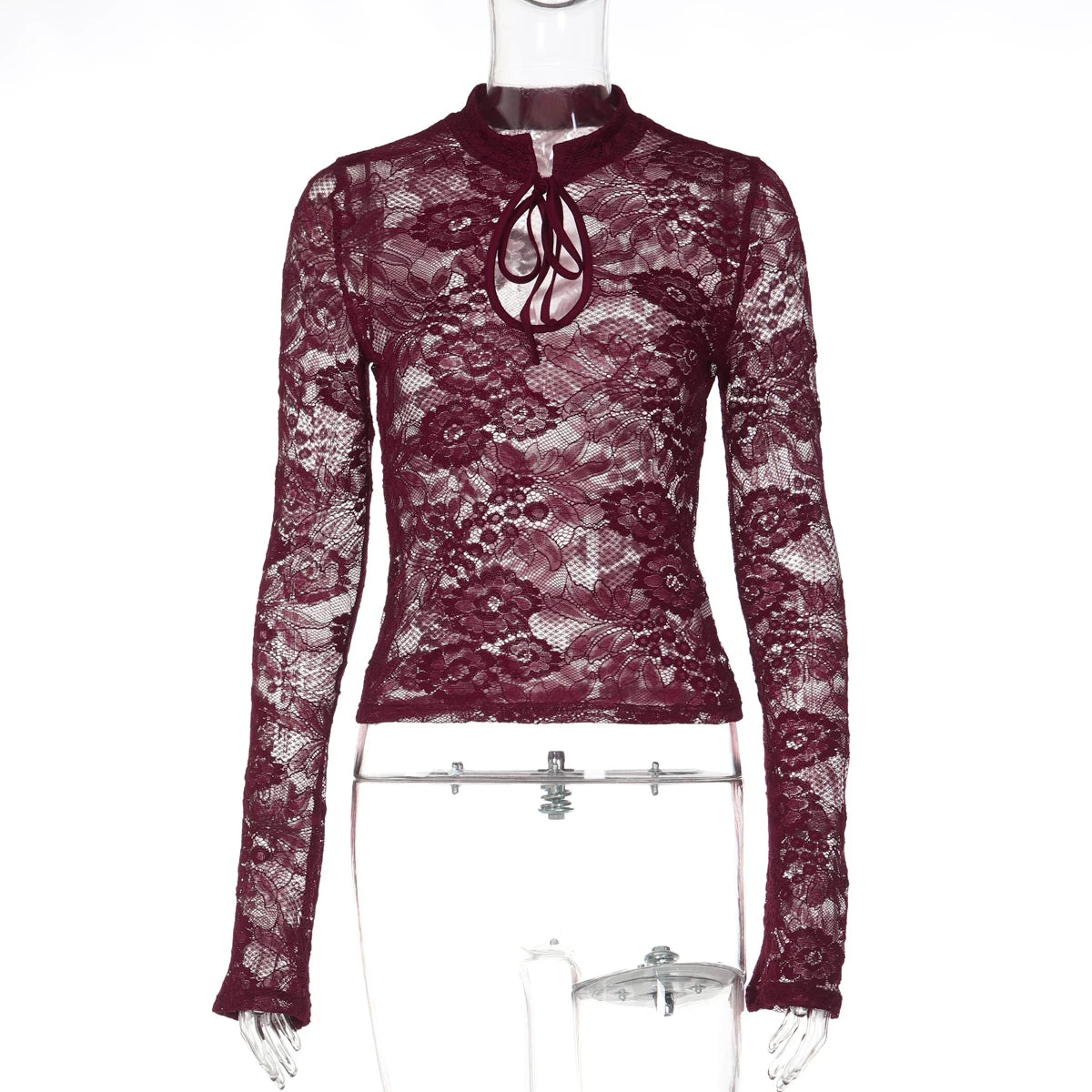 Floral Lace Sheer Mock Neck Top - Wine Red [9PXV96AN]