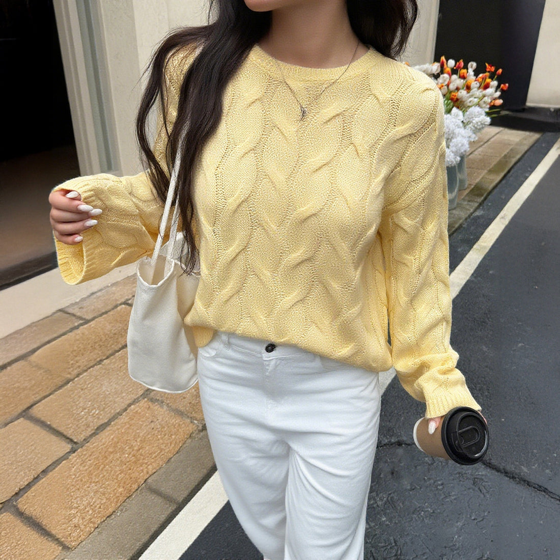 Sariya Solid Knit Crewneck Sweater - Yellow [EN6J4C27]