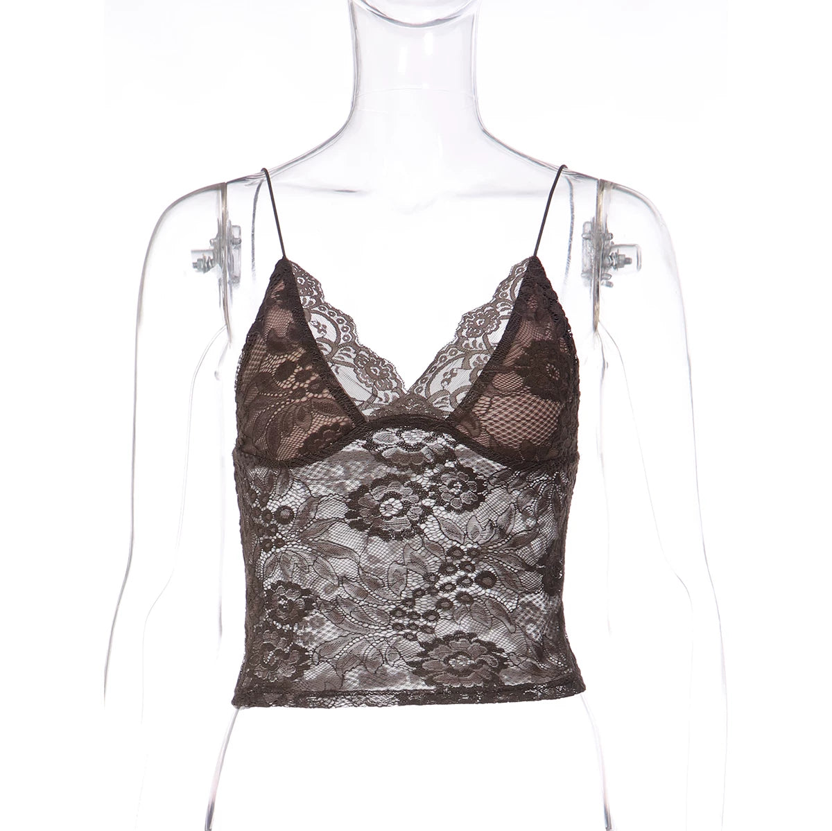 Lace See-Through V-Neck Camisole - Coffee [258XYXV8]