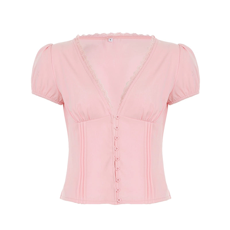 Lillith Lace Puff Sleeve Top - Pink [7L1X6963]