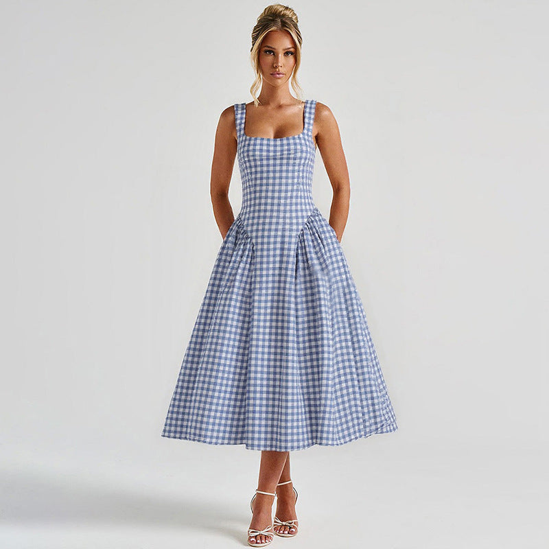 Adalae Plaid Backless Midi Dress - Denim Blue [0Z5B9TXN]