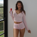 Heather Ribbed V-Neck Lounge Set - Pink [MI31H1FX]