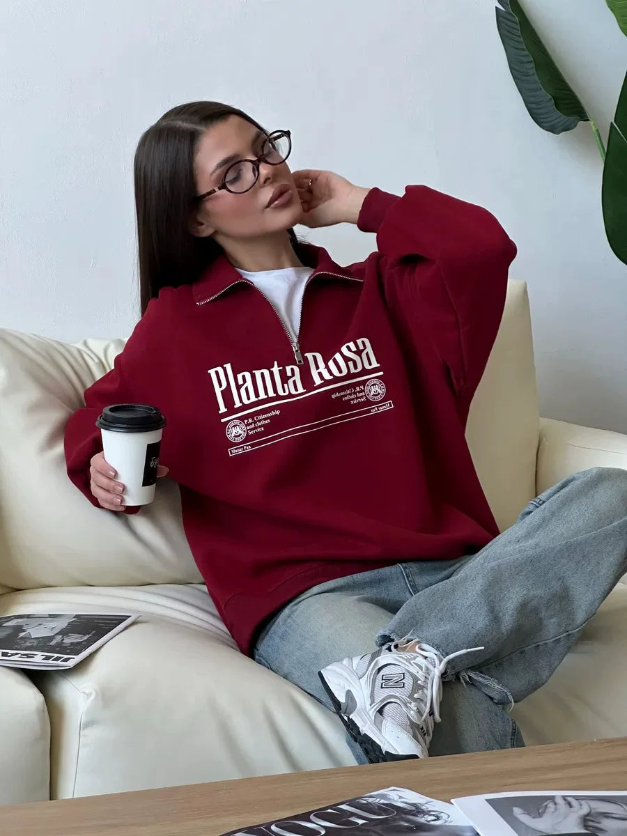 LaPose - Arlett Half-Zip Graphic Sweatshirt - Wine Red (Thin) Color