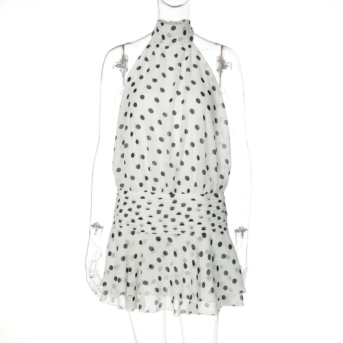 Polka Dot Halter Backless Mini Dress - White [RU2XJUSM]