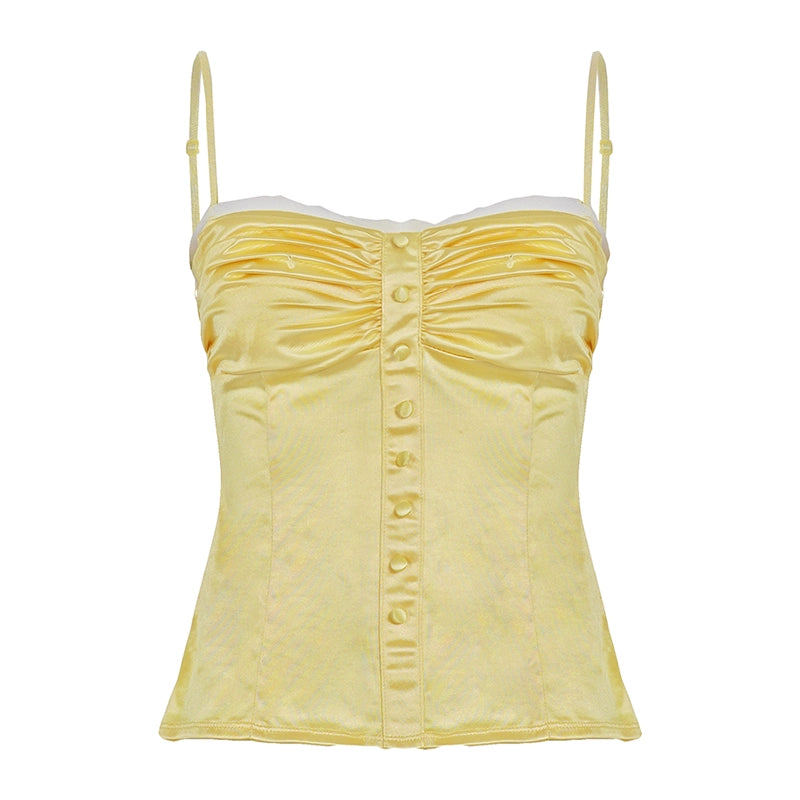 Ameena Pleated Satin Crop Top - Yellow [H755WBMW]