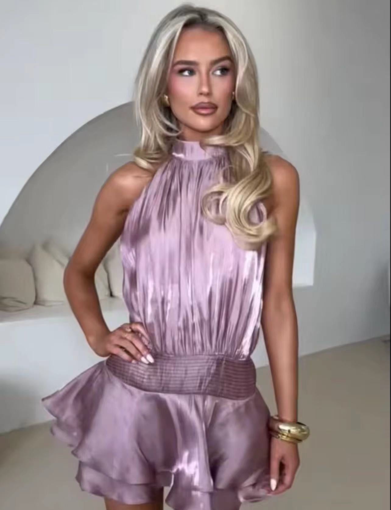 Winter Halter Satin Mini Dress - Purple [DJF47UMR]