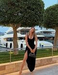 Genavieve U-Neck Pleated Maxi Dress - Designer Maxi Dress - Black (Revised) [CSF2DTNA]