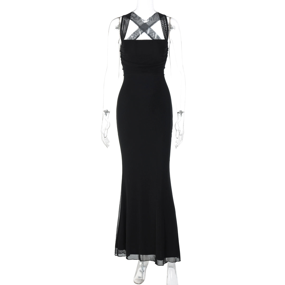 Taylah Mesh Fishtail Dress - Black [4LAS9VB0]