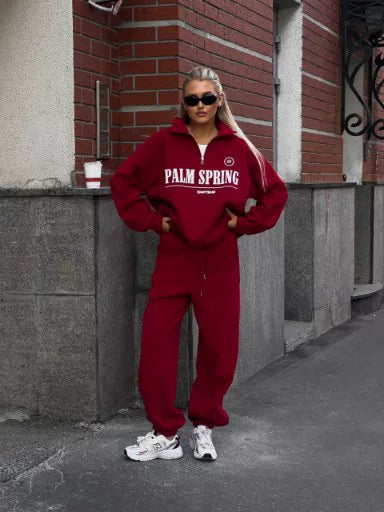 LaPose - Krislynn Half-Zip Sweatshirt Jogger Set - Red (No Fleece) Color