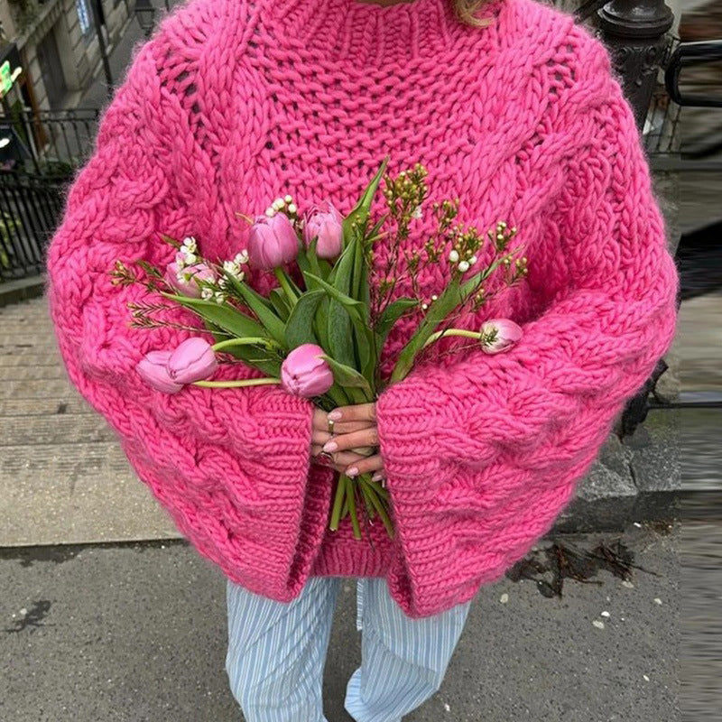 Shrinika Bell Sleeve Knit Sweater - Pink Round Neck Sweater [EYQWRCCW]