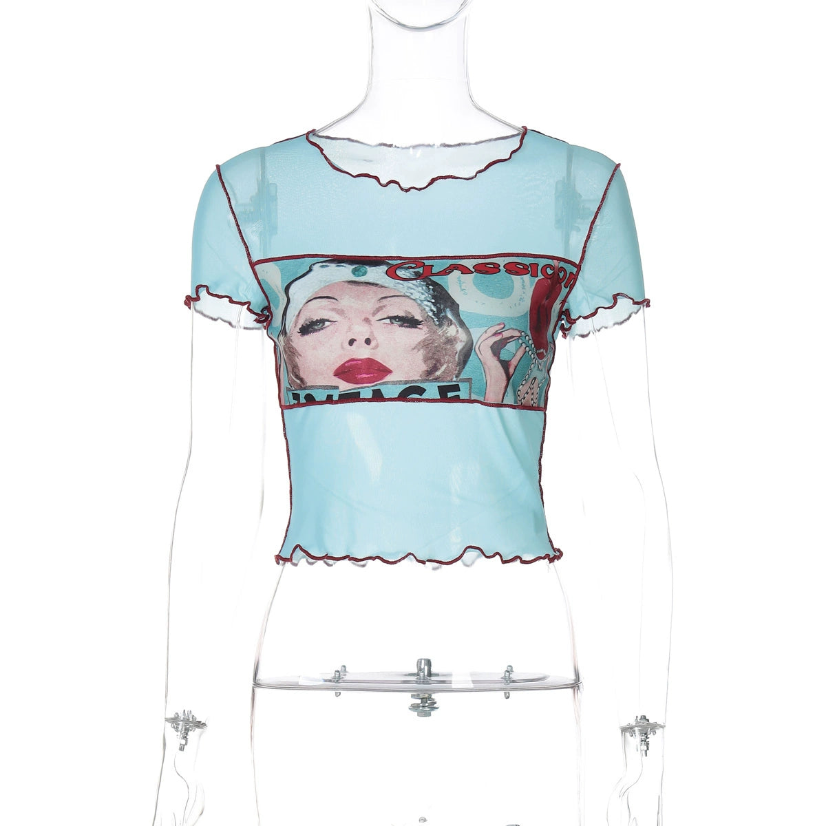 Bliss Y2K Printed Mesh Top - Blue