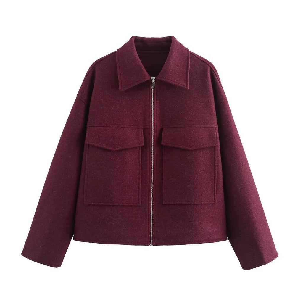 Eugenia Zippered Woolen Jacket - Wine Red [DJBQTGUU]