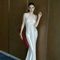 Pleated Satin Halter Maxi Dress - Silver [Y2HLHQDZ]