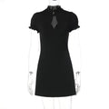 Cut-Out Mandarin Collar Mini Dress - Black [YGS12I7B]