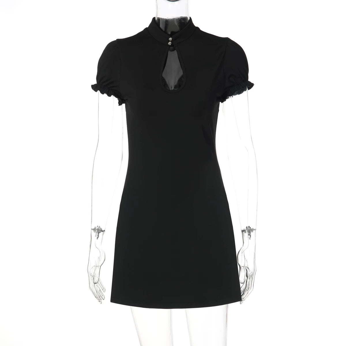 Cut-Out Mandarin Collar Mini Dress - Black [YGS12I7B]
