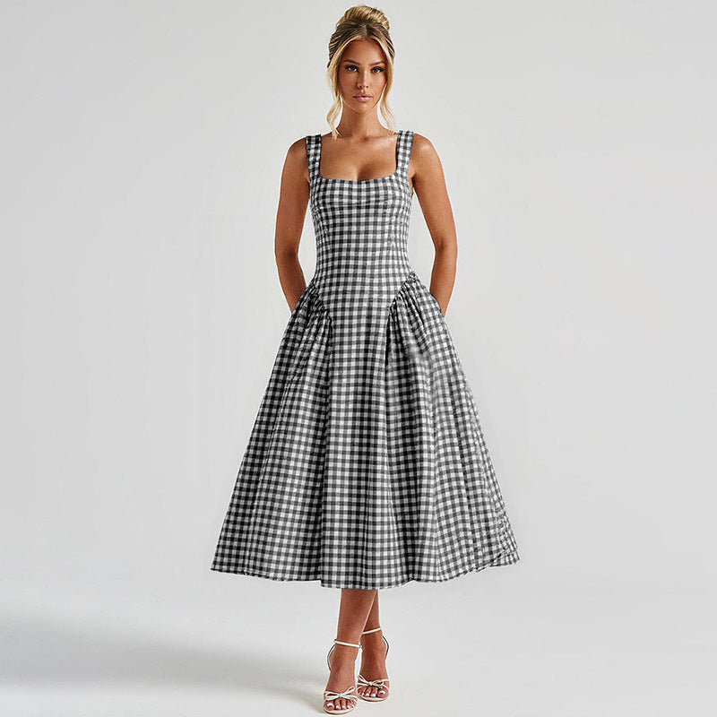 Adalae Plaid Backless Midi Dress - Black [K83YZDD0]
