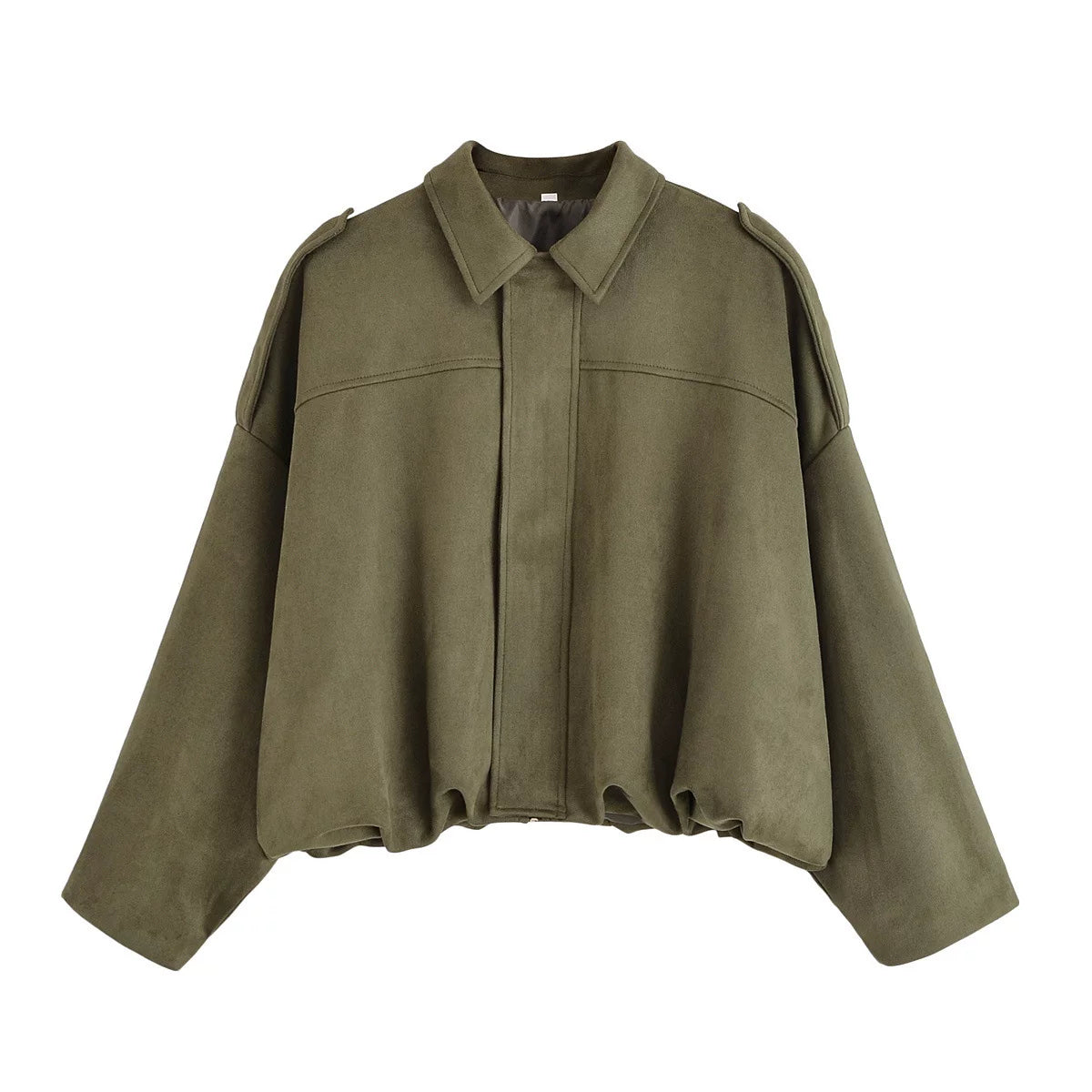 LaPose - Hadassah Oversized Faux Suede Bomber - Army Green with Pockets Color