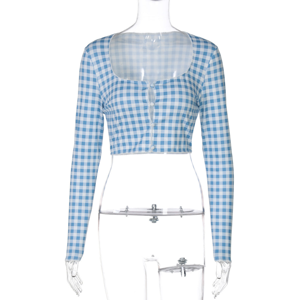 Karena Plaid Button-Up Crop Top - Blue [S8WV8HM1]