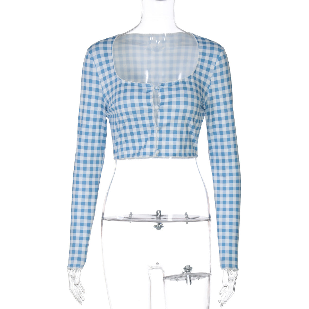 Karena Plaid Button-Up Crop Top - Blue [S8WV8HM1]