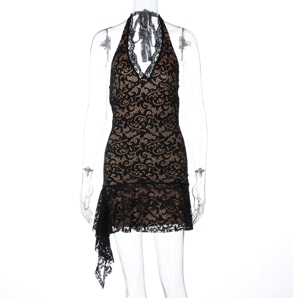 Rihanna Lace Halter Mini Dress - Black [JJG9PHDM]