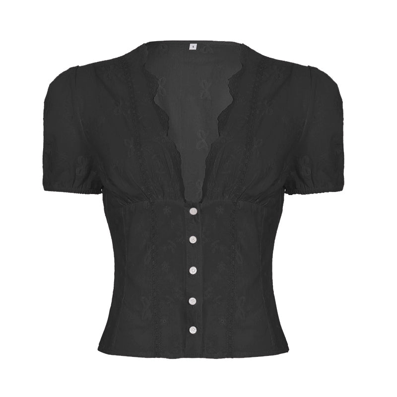 Ellarae Lace Puff Sleeve Crop Top - Black