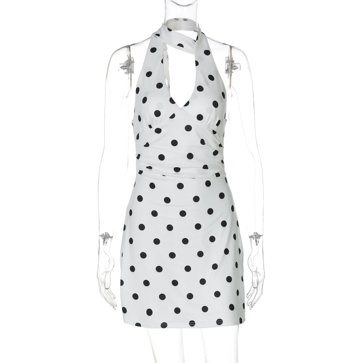 Polka Dot Halter Mini Dress with Ribbon Detail - White [5OEOR6VM]