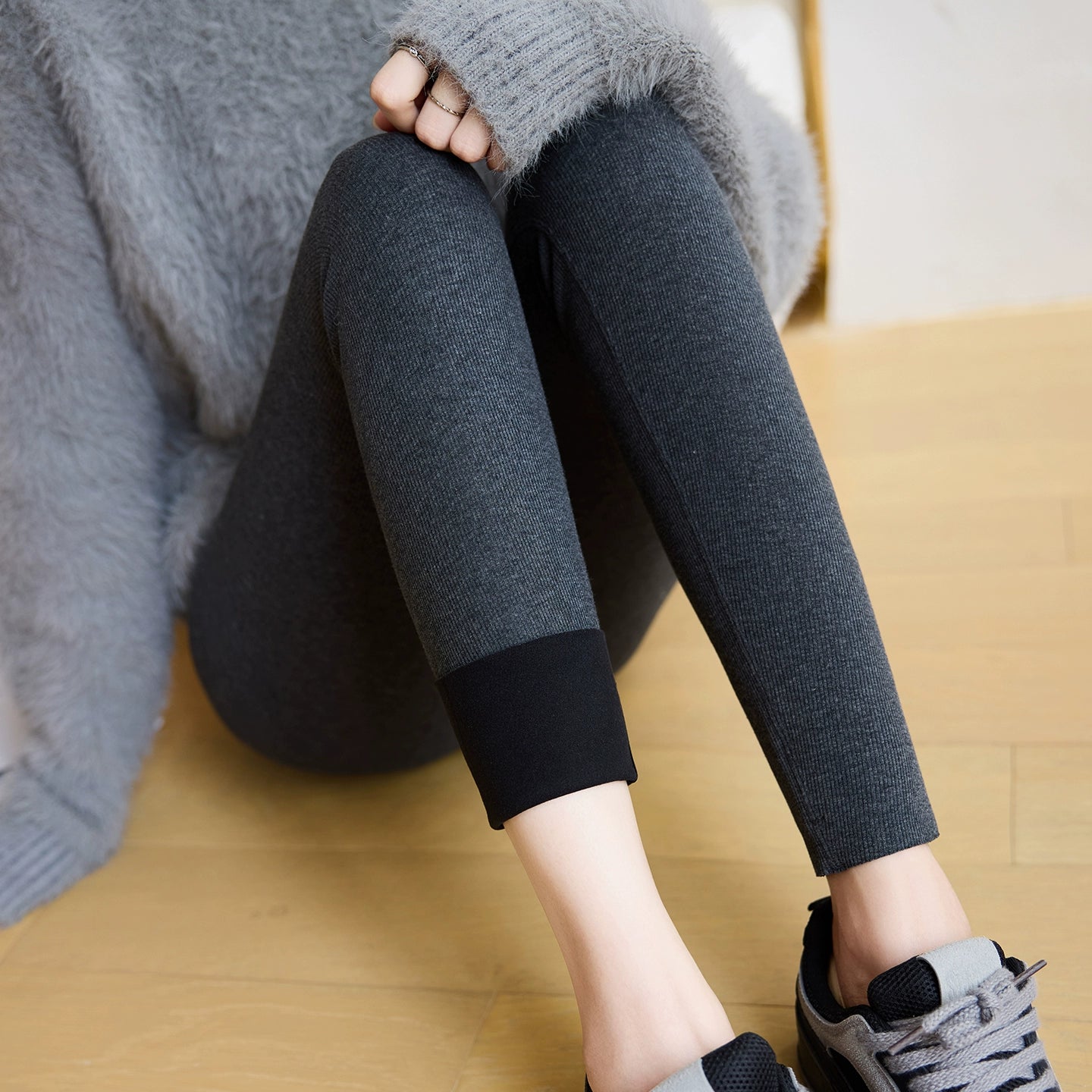 Lanie Ribbed Thermal Leggings - Dark Gray Thin Fleece [AB05DH1Z]