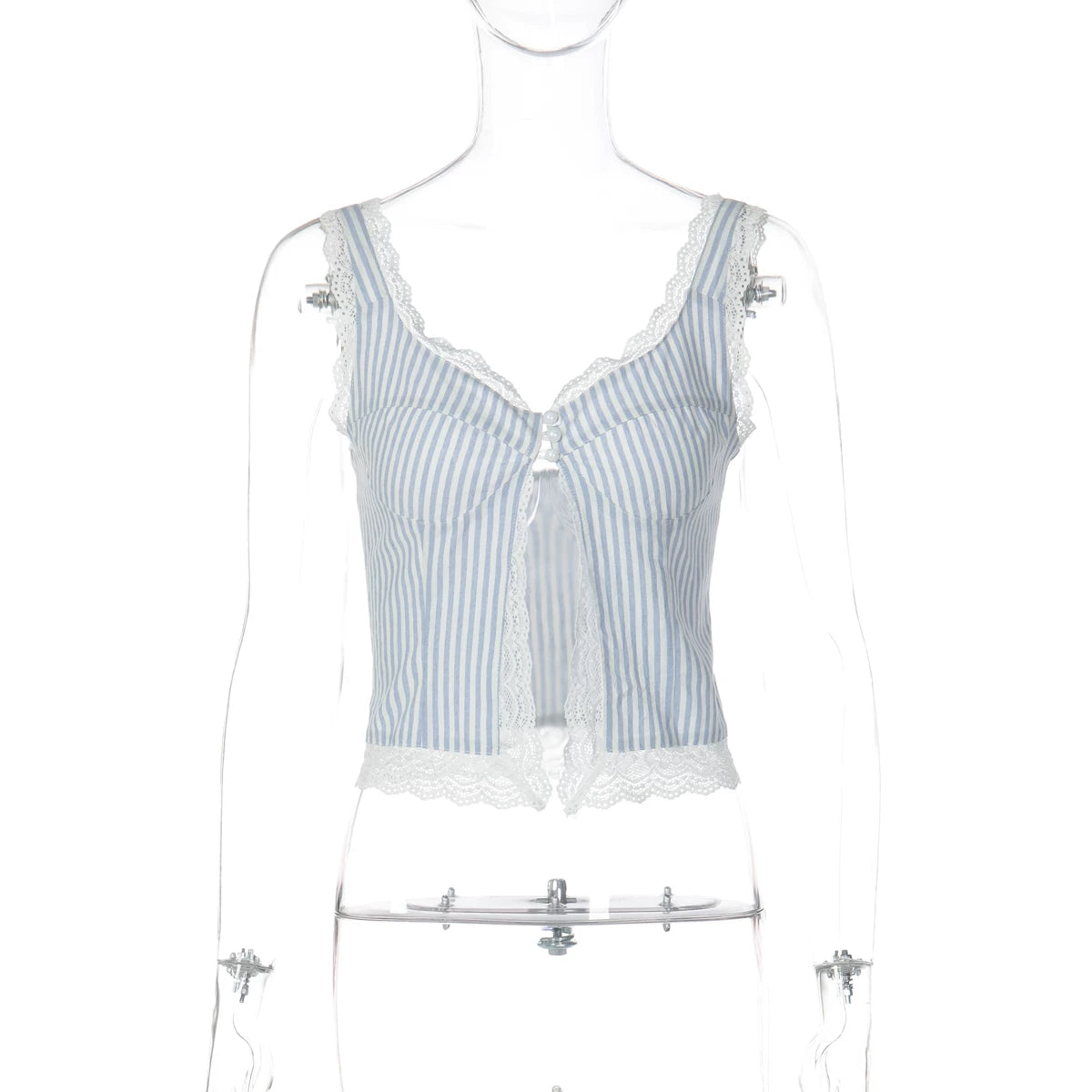 Lace Trim Striped Button Camisole - Blue [QXGWGSFK]