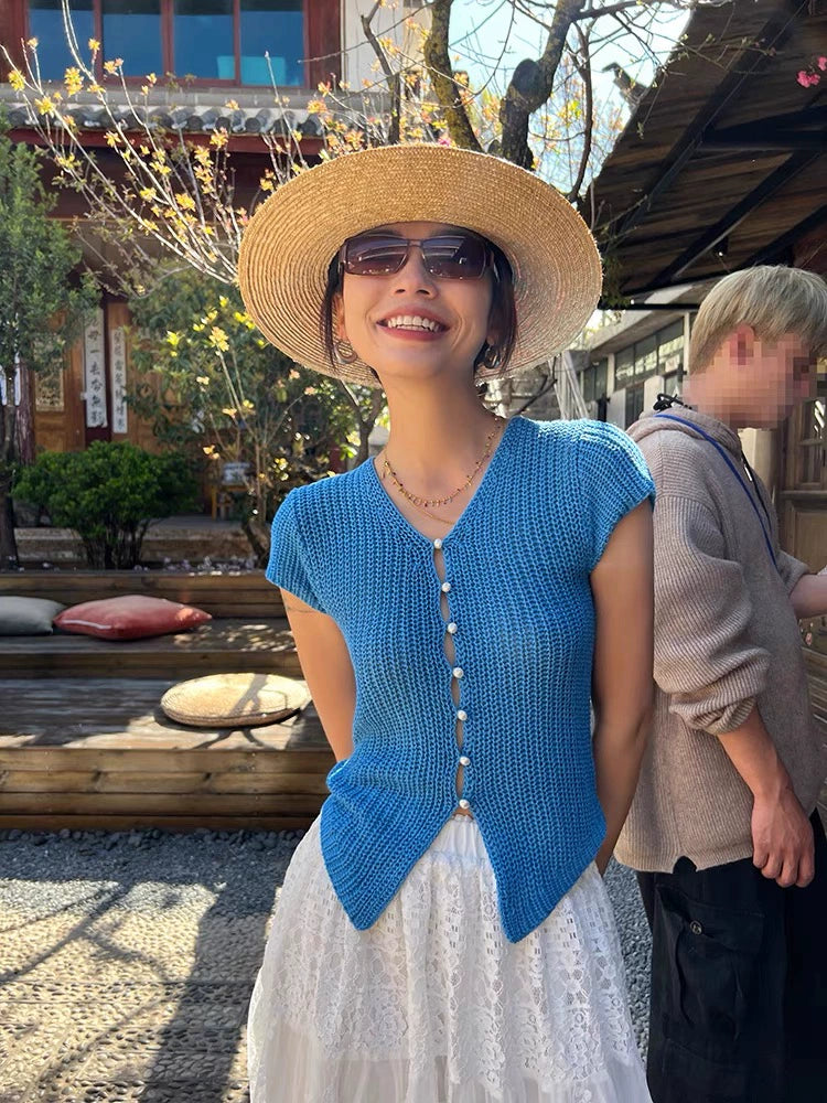 Indie Cut-Out Knit Cardigan - Blue [E8W0LRE4]