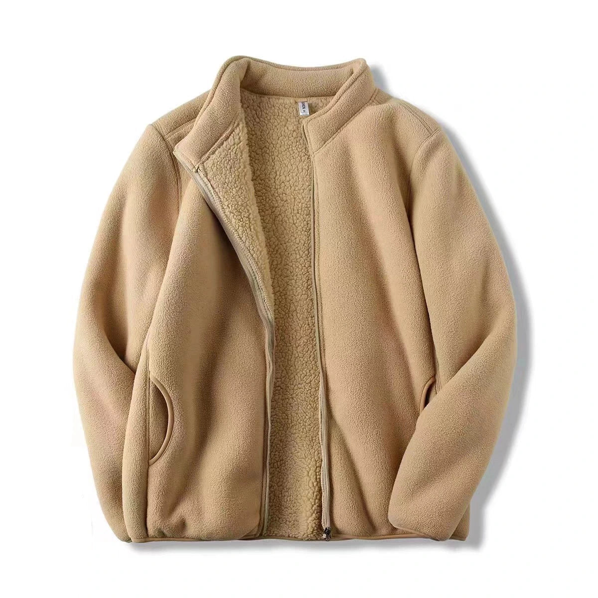 Zoee Plush Stand Collar Jacket - Khaki [Q743DYC7]