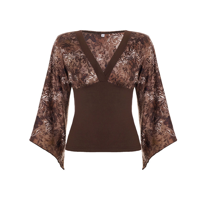 Talaya Floral Bell Sleeve Top - Brown [MCPYJUIF]