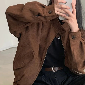 Nirvi Faux Suede Stand Collar Jacket - Brown [ZD586UYW]