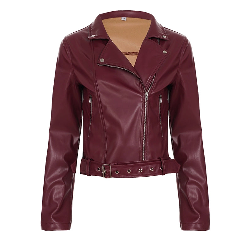 Lilyann Faux Leather Moto Jacket - Wine Red [628IEL67]