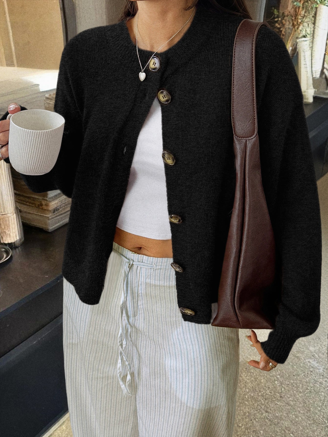 Kristy Button-Front Knit Cardigan - Black [UUYCRF61]