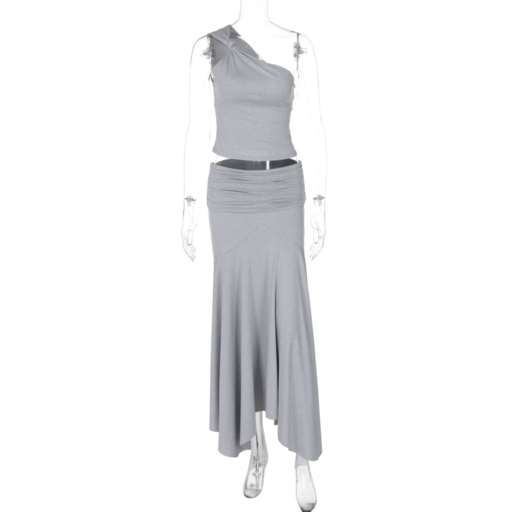 Taryn Ribbed Twist Skirt Set - Grey