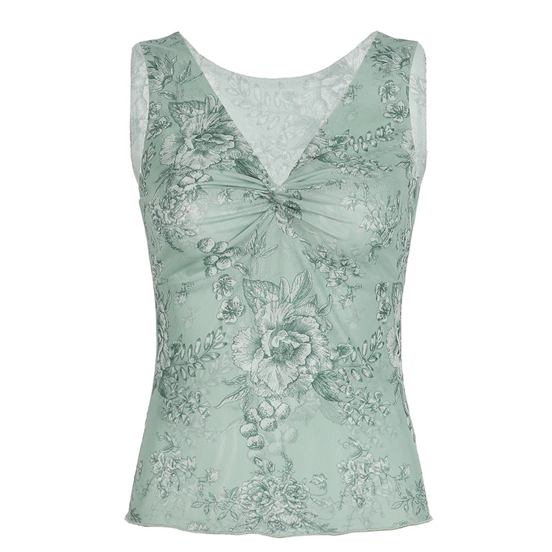 Yehudis Twisted Floral Mesh Top - Green [8D8C3079]