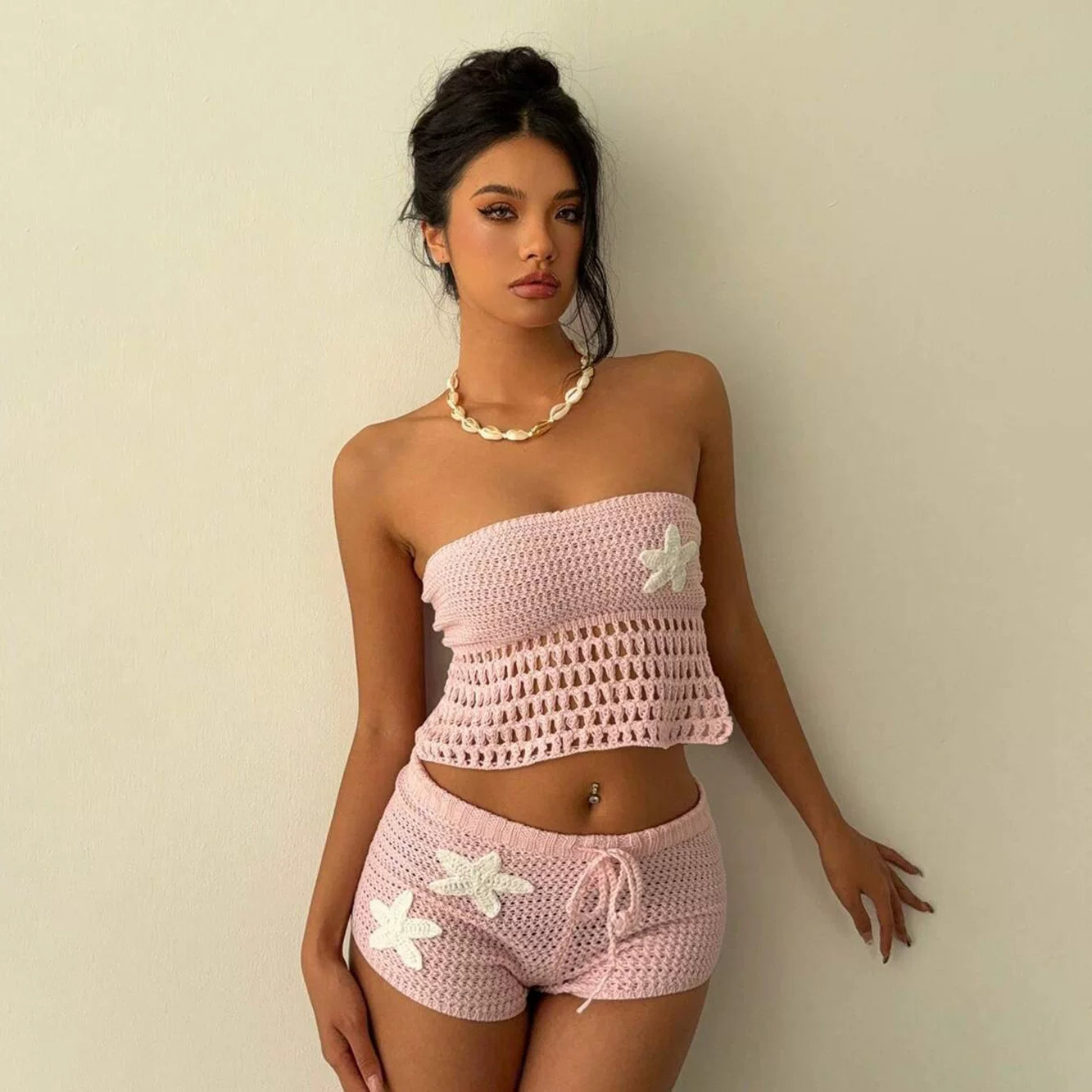LaPose - Kalli Crochet Starfish Shorts Set - Pink Color