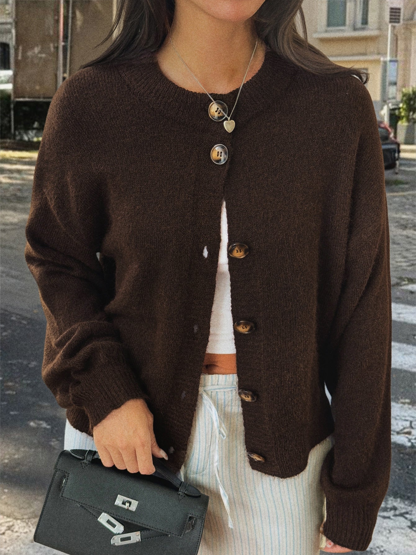 Kristy Button-Front Knit Cardigan - Brown [RWYTF9B8]