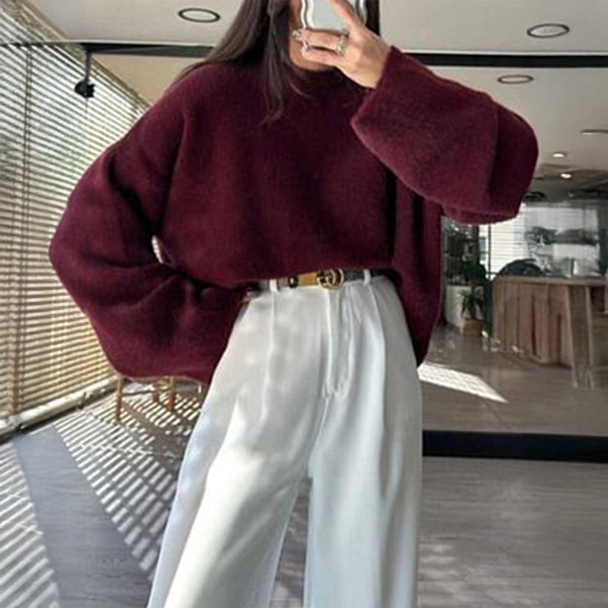 Kalie Relaxed Knit Sweater - Wine Red [H21DNK2J]