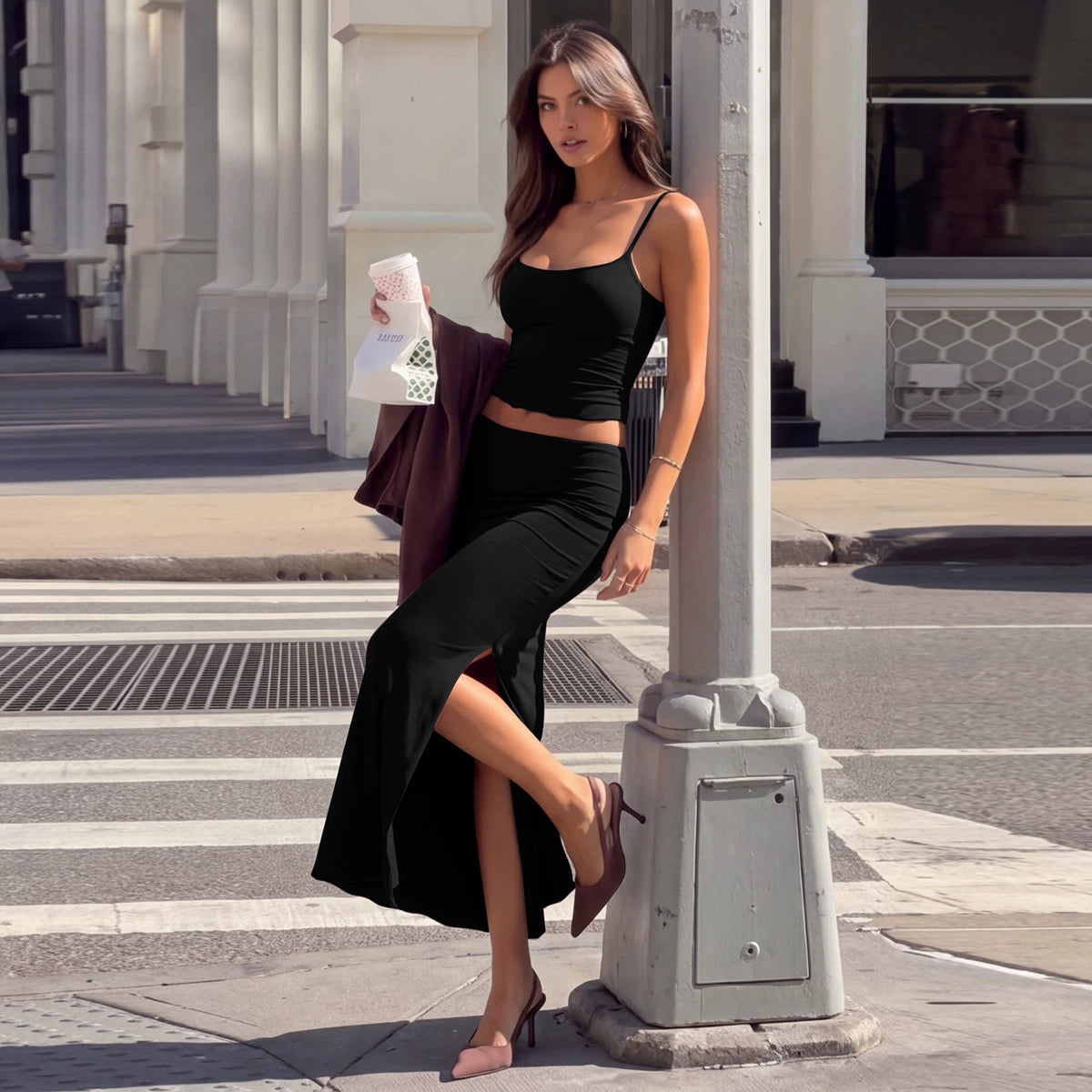 LaPose - Mckinlee Slit Maxi Skirt Set - Black Color