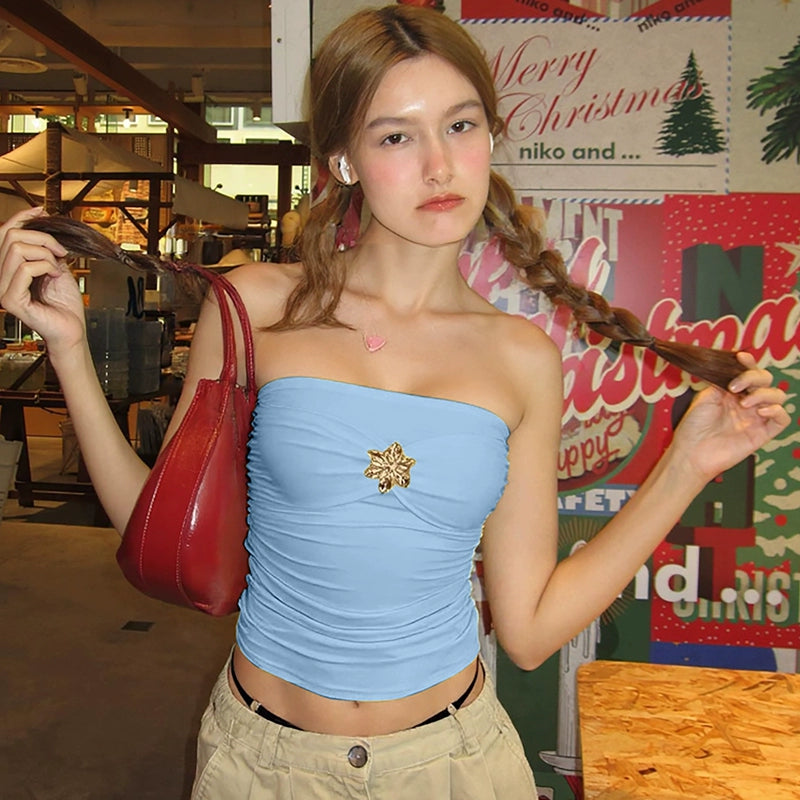 Everlee Metal Bandeau Crop Top - Sky Blue