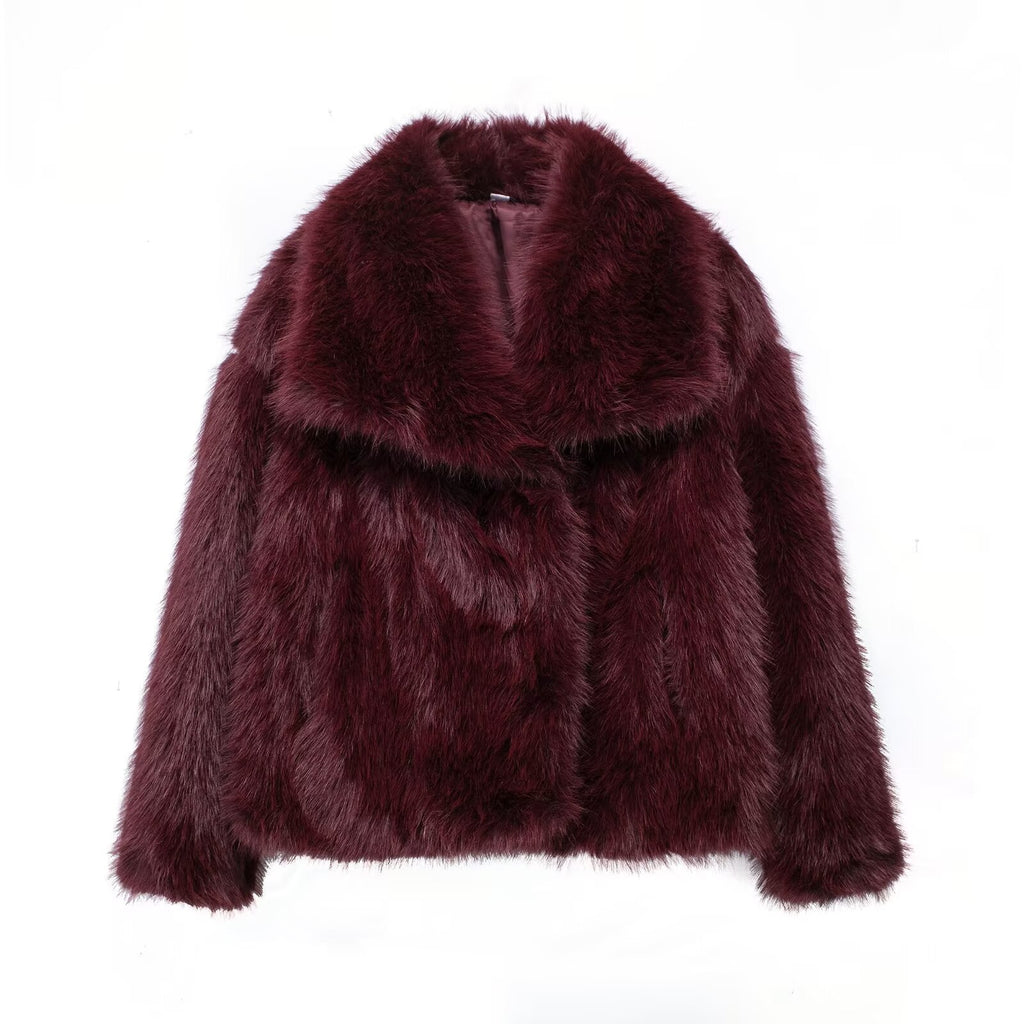 Nathalia Faux Fur Lapel Jacket - Burgundy [OVKBMUOU]
