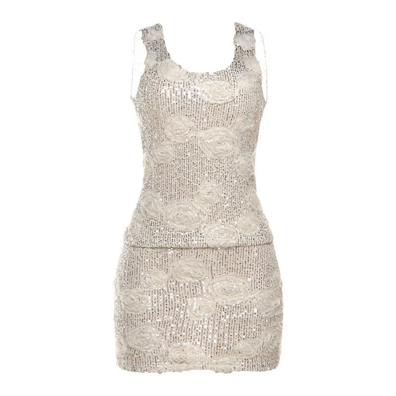 3D Flower Sequin Skirt Set - Khaki [49TMDI92]