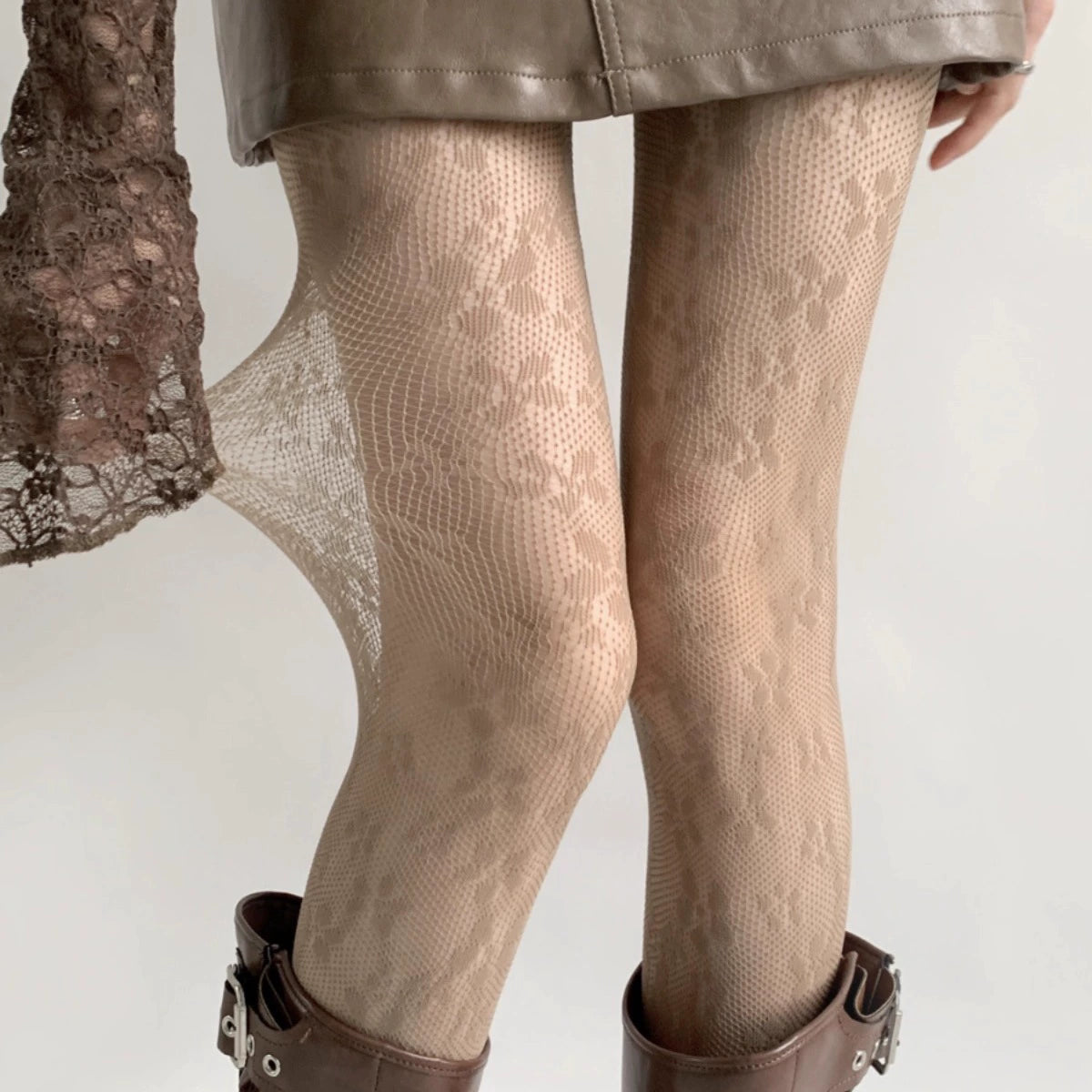 Kaleyah Sheer Lace Print Tights - Coffee [LEYKUY1J]