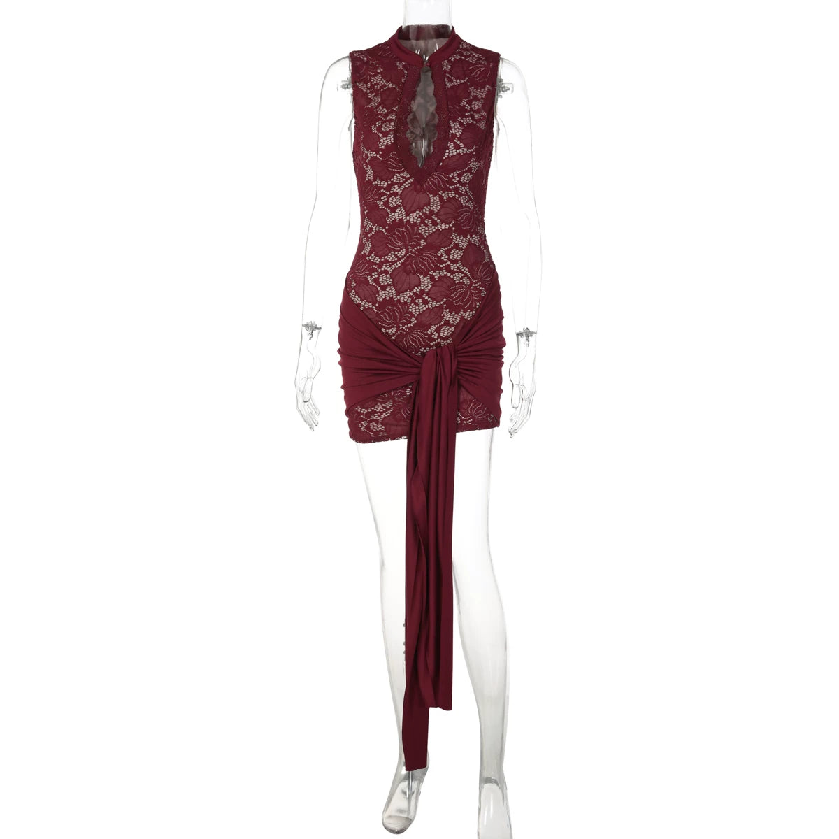 Lace Splicing Cut-Out Mini Dress - Wine Red [6H5CNY94]