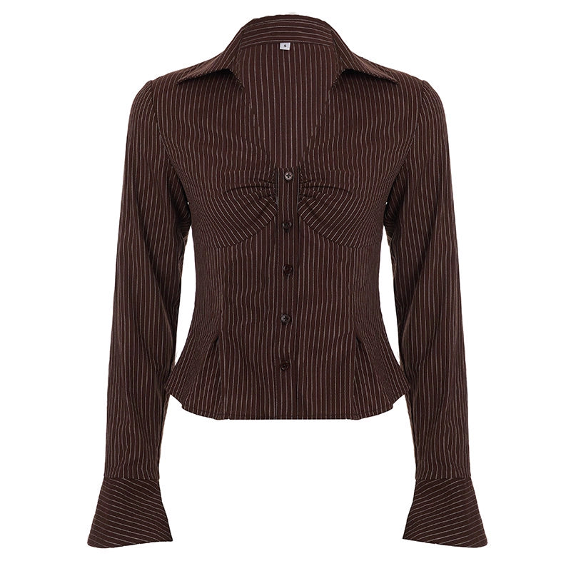 Ailen Striped V-Neck Shirt - Brown [NDK4VVFE]