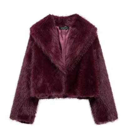 LaPose - Cheryl Cropped Faux Fur Coat - Wine Red Color