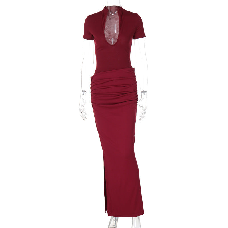 Susanna Deep V Ruched Maxi Dress - Wine Red [4VKHWKWM]