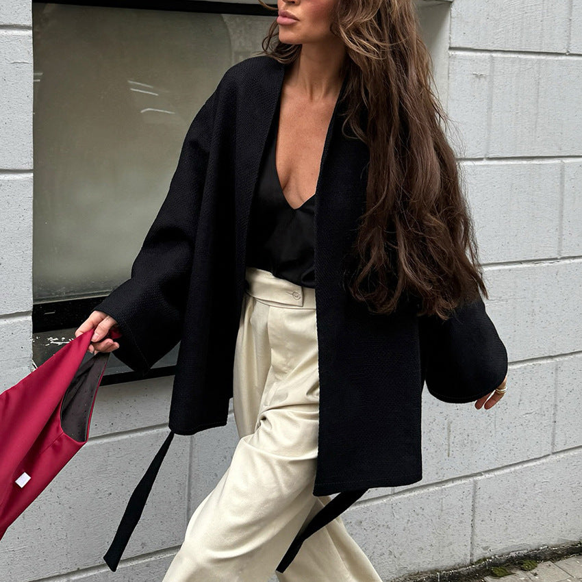 Leslie Belted V-Neck Jacket - 成分：100%聚酯纤维 [YS2QMAIT]